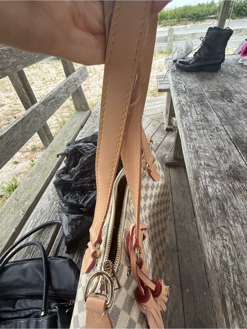 Designer-Style Cream checkered Shoulder Bag with Tan Trim and leather tassels - Picture 11 of 14